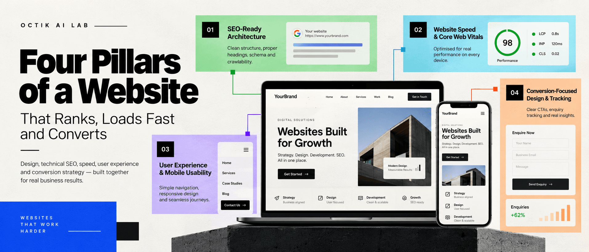 Four pillars of a website that ranks, loads fast and converts: SEO-ready architecture, speed and Core Web Vitals, mobile usability, conversion and tracking