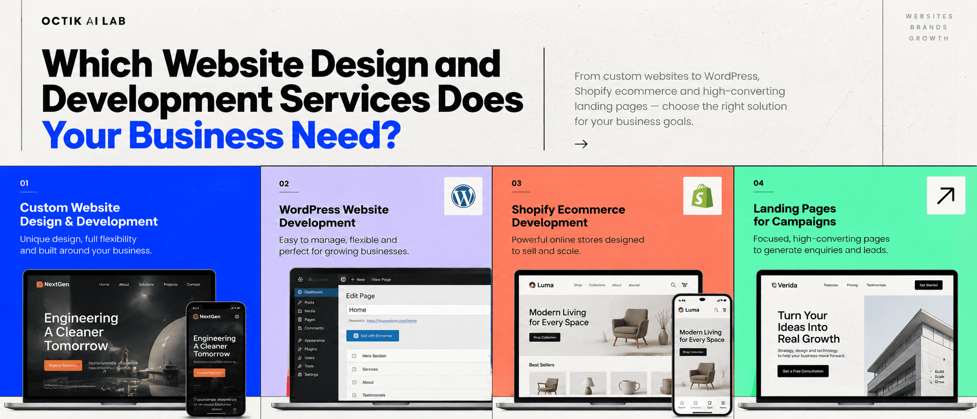 Website design and development services: custom websites, WordPress, Shopify ecommerce and campaign landing pages